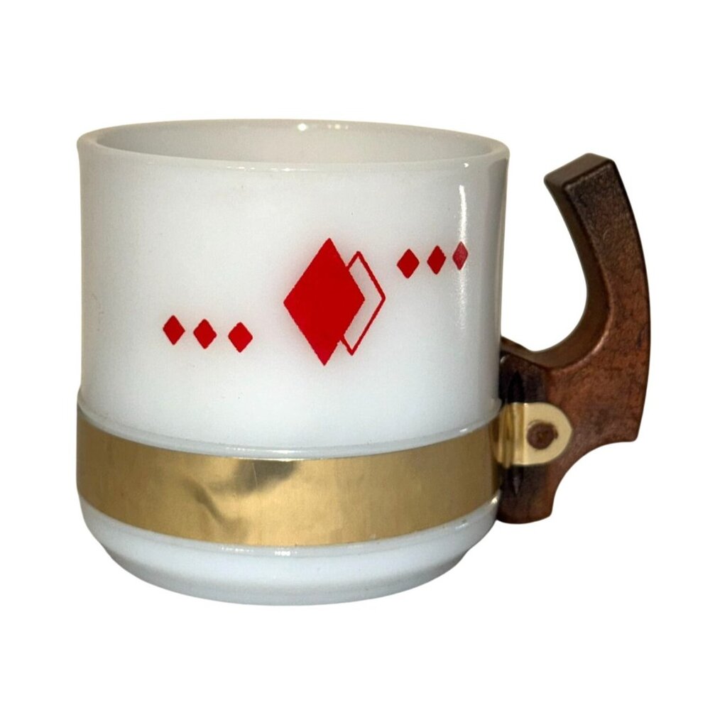 Vintage White Milk Glass Mug With Red Diamond Design & Wooden Handle